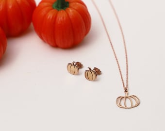 Halloween Jewelry Set Gift, Gold Pumpkin Necklace and Earrings, Halloween Pumpkin Jewelery Gifts, 925K Sterling Silver Dainty Pumpkin Set