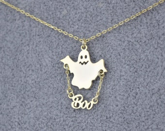 Halloween Cute Scary Boo Ghost Gold Necklace | Charm Minimalist Pendant Necklace | Handmade Spooky Boo Jewelry | Halloween Gift