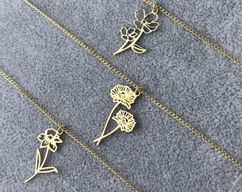 Aangepaste gouden geboorte bloem hanger ketting | Unieke 12 maanden geboorte bloemenketting | Sierlijke gepersonaliseerde bloemsieraden | Cadeaus voor haar