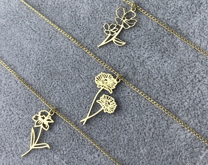 Benutzerdefinierte Gold Geburt Blume Anhänger Halskette | Einzigartige 12 Monate Geburt Blumen Halskette | Zierlicher Blumenschmuck | Geschenke für Sie