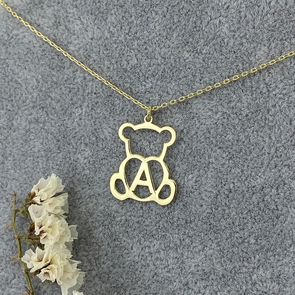 Personalized Cute Teddy Bear Necklace with Custom Initial | Unique Valentines Day Gift | Dainty Bear Jewelry | Gifts for Her / Him