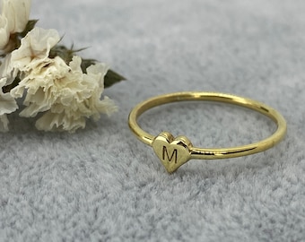 Dainty Promise Heart Love Gold Initial Ring, Minimalist Custom Silver Letter Name Ring Christmas Gift, Personalized,Santa Claus Gift for Her