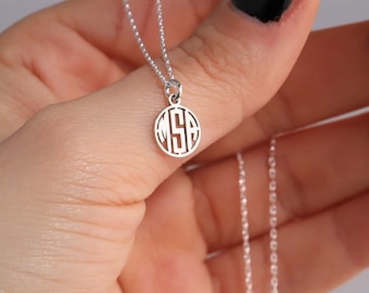 Handmade Initial Monogram Necklace, Custom High Quality Silver Tiny Delicate Jewelry, Personalized Cute Letter Circle Dainty Gifts for Her
