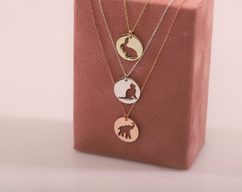 Krachtdieren, kat, olifant, konijn Disc hanger ketting | Sierlijke Sterling zilveren ketting | Delicaat| Unieke sieraden voor vrouwen