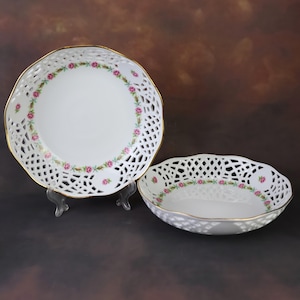 Vintage Porzellan, Durchbruchporzellan,2 Set Porzellanschale, Blumenmotiv, Goldrand Teller, Form Marienbad, Ingres Weiss, Deutschland