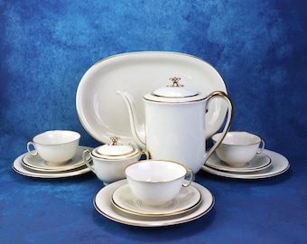 Coffee service for 3 people, gold rim, Margarete, Elder Hutschenreuther, Hohenberg, CM 1814, Germany, vintage porcelain