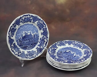 Vintage Porcelain Dessert Plates Set | Blue Royal Castle Enoch Wedgwood 1980s | British Decorative Collectible Plate Set of 6