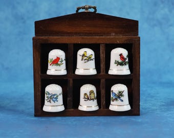 Vintage Porcelain, Unique Thimble, Bird Porcelain, Set in Antique Wooden Display Case, German Porcelain, 70s
