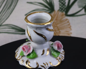 Chandelier de splendeur en porcelaine avec roses et bord doré / Dresde / pétales de rose attachés / bougeoir / Allemagne / vintage