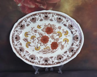 Oval tallrik, äkta engelsk järnsten, Adams, Cornwall, blommotiv, 1960-talet, engelsk keramik, vintageporslin, tårtfat