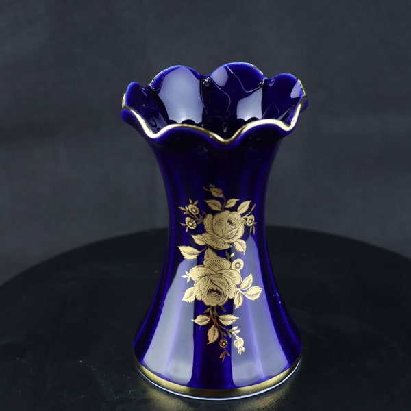 Porzellan Vase mit Blumen  / Echt Kobalt / 24 Karat Gold / Wunsiedel / Bavaria Porzellan / Germany