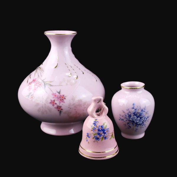 Porzellan Blumenvase ,Mini-Vase und Glocke/Leander 1946/China de Boheme/ Rosa/Goldrand 14 KARAT/ Handgemalt/Karlsbad/Tschechien/Vintage