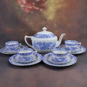 Vintage porcelain tea set for 4 people, fine porcelain, China Blue motif, Mitterteich, Bavaria, Germany, 1950s
