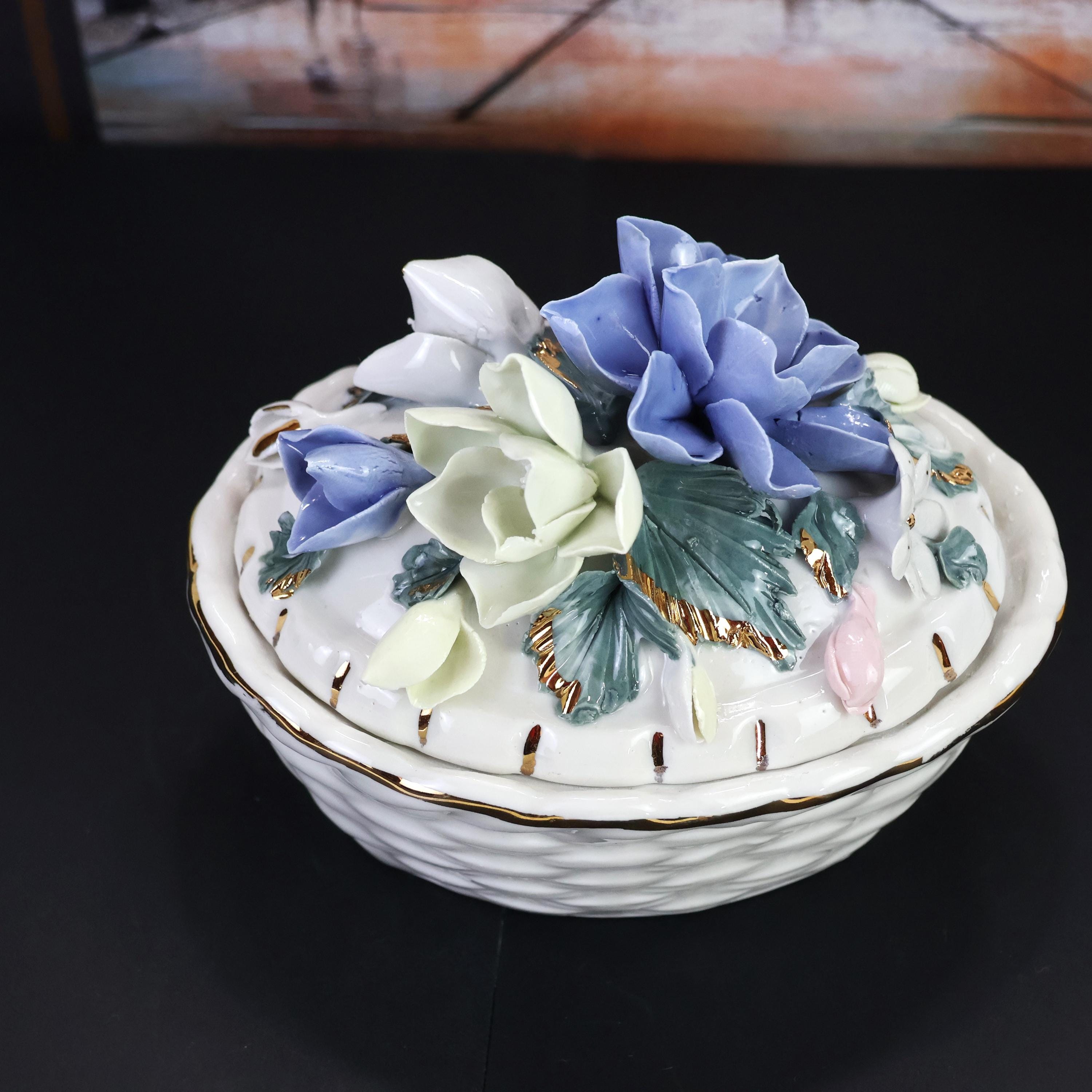 Vintage Decor - Handmade Vintage Porcelain Jewelry Box with Floral Design and Gold Trim - Collectible - Retro Art