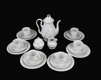 Porcelain tea set, cup and saucer, Bavarian porcelain coffee set for 6 people, vintage floral design, German rarity