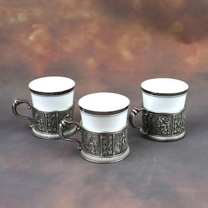 Set of three vintage German porcelain mocha cups, espresso cups in a pewter coaster, winemaker motif, SKS ZINN, 95