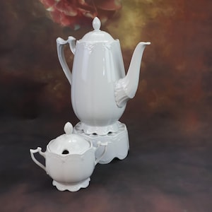 Vintage Hutschenreuther porcelain tea set, German coffee pot & sugar bowl, white tableware, collectible mid-century placemat
