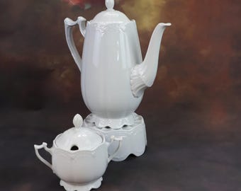 Vintage Hutschenreuther porcelain tea set, German coffee pot & sugar bowl, white tableware, collectible mid-century placemat