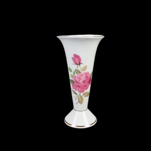 Elegant Ceramic Flower Vase | Vintage Porcelain Antique Vase with Pink Roses | Elegant Vase for Vintage Home Decor | Hand Painted Gold Rim