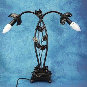 Tischleuchte, Bibliothekslampe, Bankerlampe, Schreibtischlampe, Vintage Büro Leuchte, Handschmieden, Rosenmotiv