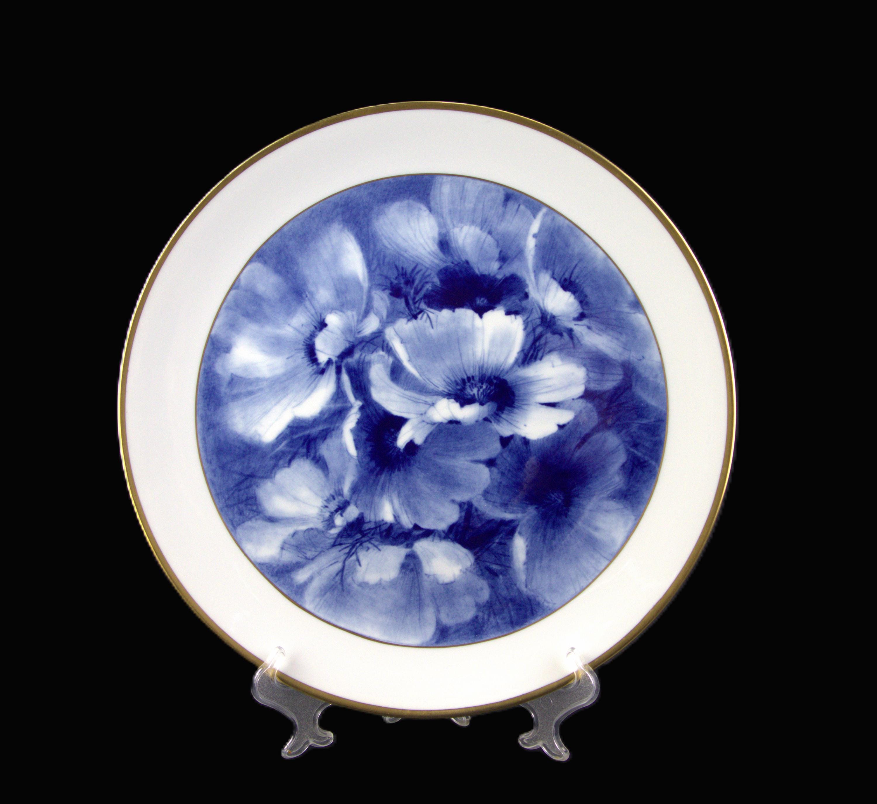 ヴィンテージ プレート、マイセン磁器、壁掛けプレート、青い花、金縁