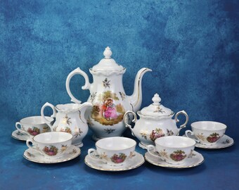 Porcelain coffee service, Rococo motif, gold rim, Winterling, Röslau, Bavaria, coffee service for 5 people, Germany, 1950s