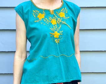 Vintage Mexican Teal Blue Green with Gold Embroidered Sleeveless Blouse Top Traditional Oaxacan Size M L with back Tirs at Waist