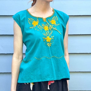 Vintage Mexican Teal Blue Green with Gold Embroidered Sleeveless Blouse Top Traditional Oaxacan Size M L with back Tirs at Waist image 1