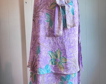 Vintage 90s Silk Lavender Green Taupe Cream Floral Wrap Skirt with Sash // One Size Small to Large