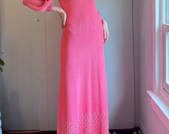 1960s Hot Pink and Silver Metallic Lurex Picardo Knit Pointelle Long Sleeve A-line Full Length Formal Maxi Dress Gown // Size S M