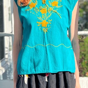Vintage Mexican Teal Blue Green with Gold Embroidered Sleeveless Blouse Top Traditional Oaxacan Size M L with back Tirs at Waist image 5