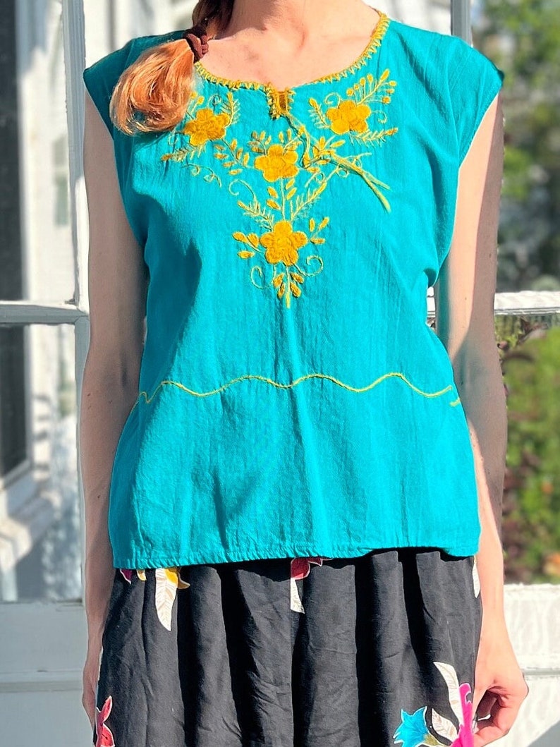 Vintage Mexican Teal Blue Green with Gold Embroidered Sleeveless Blouse Top Traditional Oaxacan Size M L with back Tirs at Waist image 5