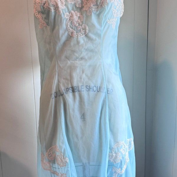 Vintage 50s 60s Light Blue Sheer Nylon  Nightie Slip Slipdress Knee Length With Cream Lace // Size L