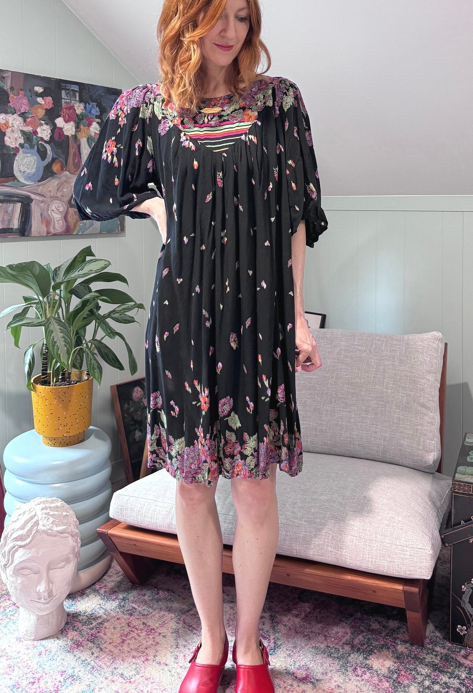 Vintage 70s Cotton Black Floral Border Print Balloon Sleeve