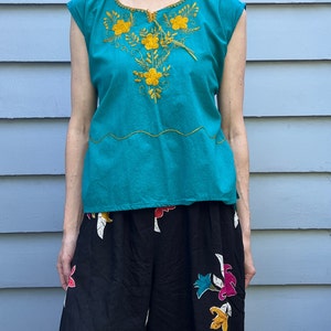 Vintage Mexican Teal Blue Green with Gold Embroidered Sleeveless Blouse Top Traditional Oaxacan Size M L with back Tirs at Waist image 2