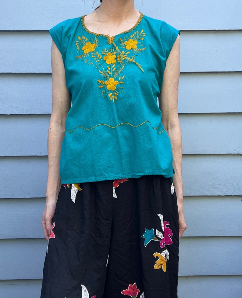 Vintage Mexican Teal Blue Green with Gold Embroidered Sleeveless Blouse Top Traditional Oaxacan Size M L with back Tirs at Waist image 2