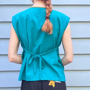 Vintage Mexican Teal Blue Green with Gold Embroidered Sleeveless Blouse Top Traditional Oaxacan Size M L with back Tirs at Waist image 4