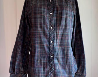 Vintage 70s Plaid Cotton Blend Blouse, Size M