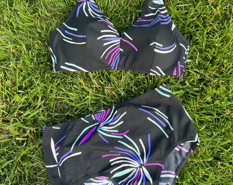 Vintage 1960s Black Floral Sparkler Print Mod High Rise Pinup Rockabilly bikini swimsuit bathing suit set size S