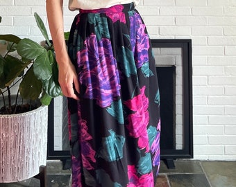 Vintage 90s Goth Grunge Black Purple Pink Exploded Floral Rayon Skirt // Size S