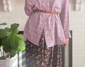 Vintage 1990s Lavender Woven Plaid Drop Shoulder Button Down Shirt Gender Neutral Long Sleeve Women’s Size L XL with Pockets