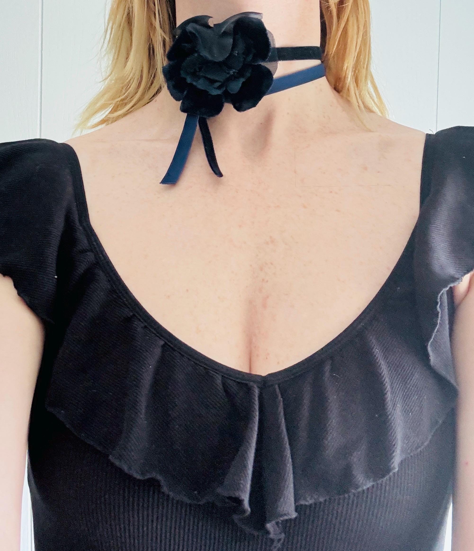 Antique Handmade Navy Velvet Millinery Flower Velvet Ribbon Choker Gothic Balletcore OOAK