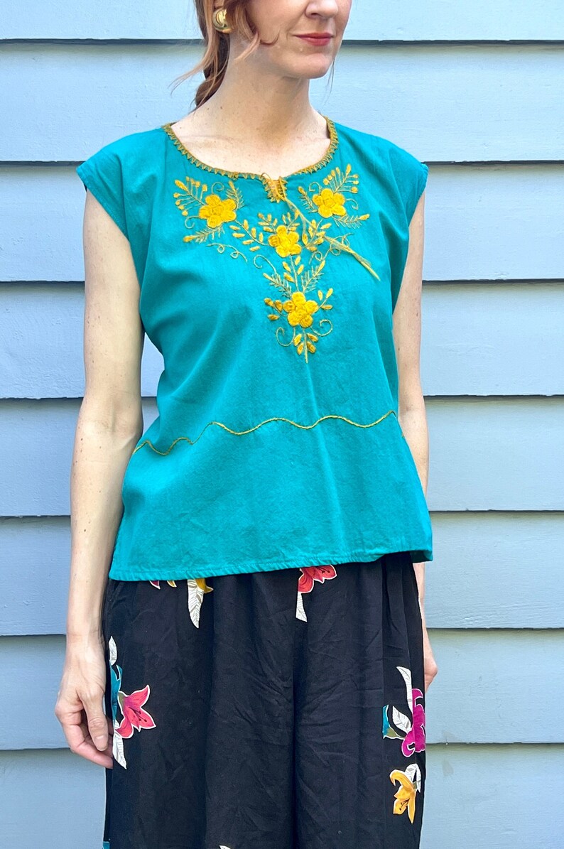 Vintage Mexican Teal Blue Green with Gold Embroidered Sleeveless Blouse Top Traditional Oaxacan Size M L with back Tirs at Waist image 1