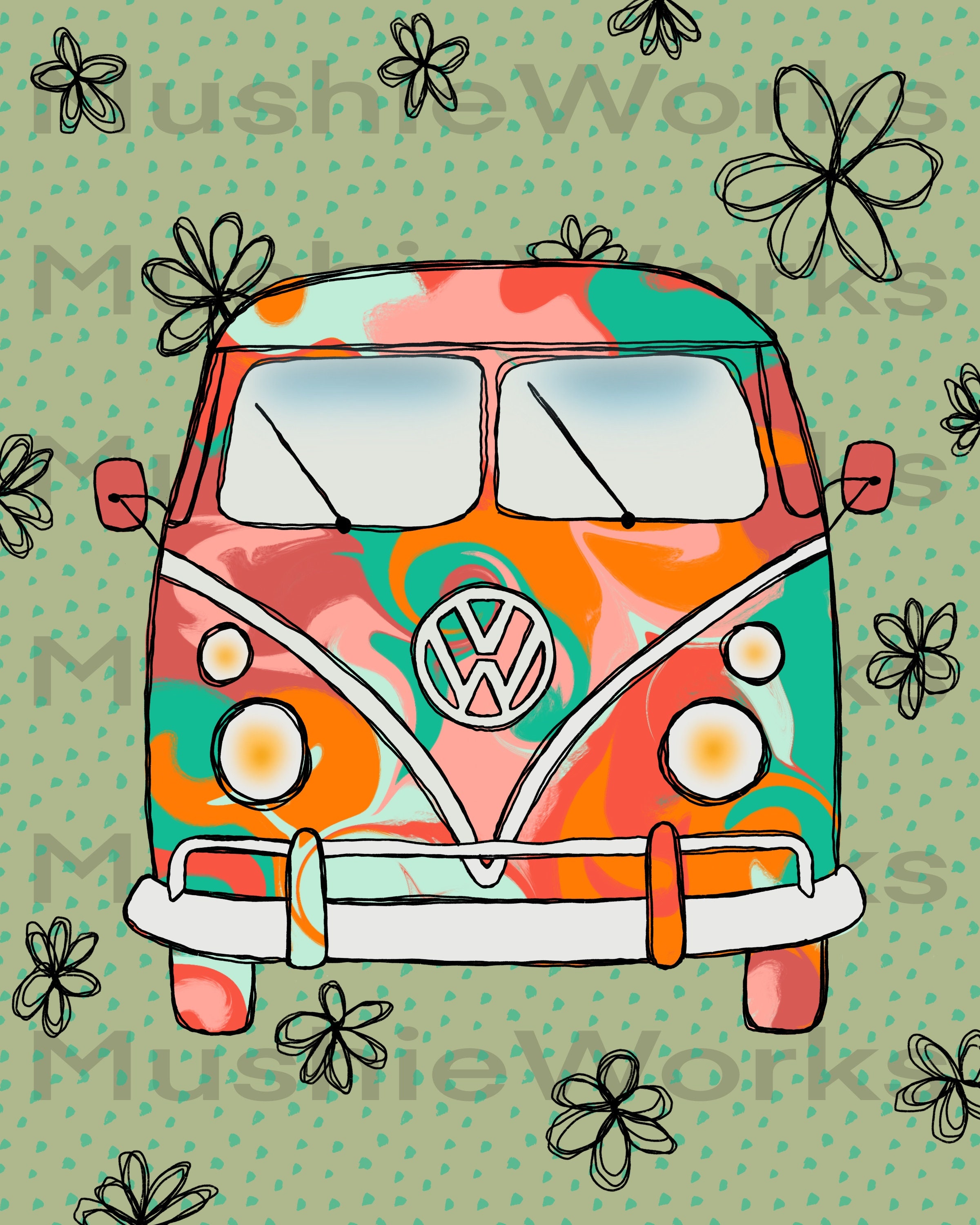 Teal VW Bus Art Print Volkswagen Bus Art Girly Wall Art Etsy