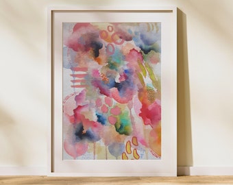 Original Watercolor Painting | Pink Mixed Media Abstract Art, Signed (A4)