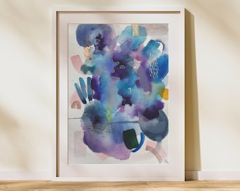 Abstract Watercolour Painting | Blues, Purples, and Gold Ink (30x21cm)