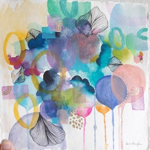 Original Abstract Watercolour Painting | 20 x 21 cm | Small Signed Artwork on Paper | Colourful Painting