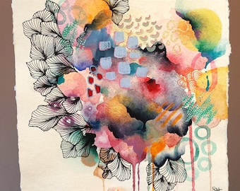 Pintura abstracta en acuarela / Detalles en tinta índigo, rosa y negra