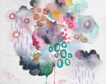 Original Watercolour Painting | Abstract Indigo Art with Gold Ink