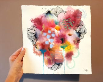 Original Watercolour Abstract Painting | Pink Ink, Mixed Media (11.5" Square)